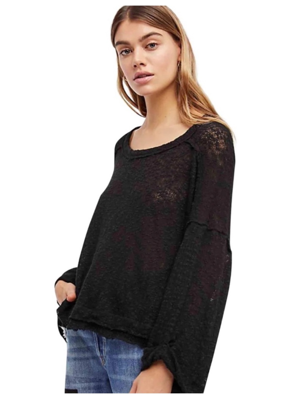 We the Free Free People Island Girl Oversized Hacci Raw Hem Black Top XS